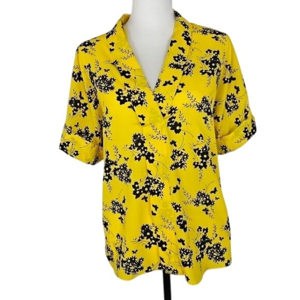 Michael Kors V-Neck Blouse XS Yellow Floral Roll Tab‎ Sleeves Lightweight Resort